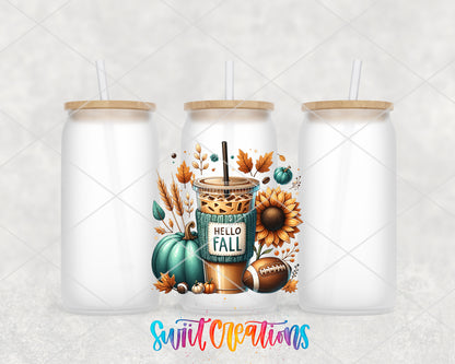 Hello Fall frosted glass tumbler group view with lids and straws