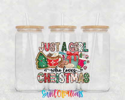 Just a Girl Who Loves Christmas clear glass tumbler group mockup with bamboo lids and straws