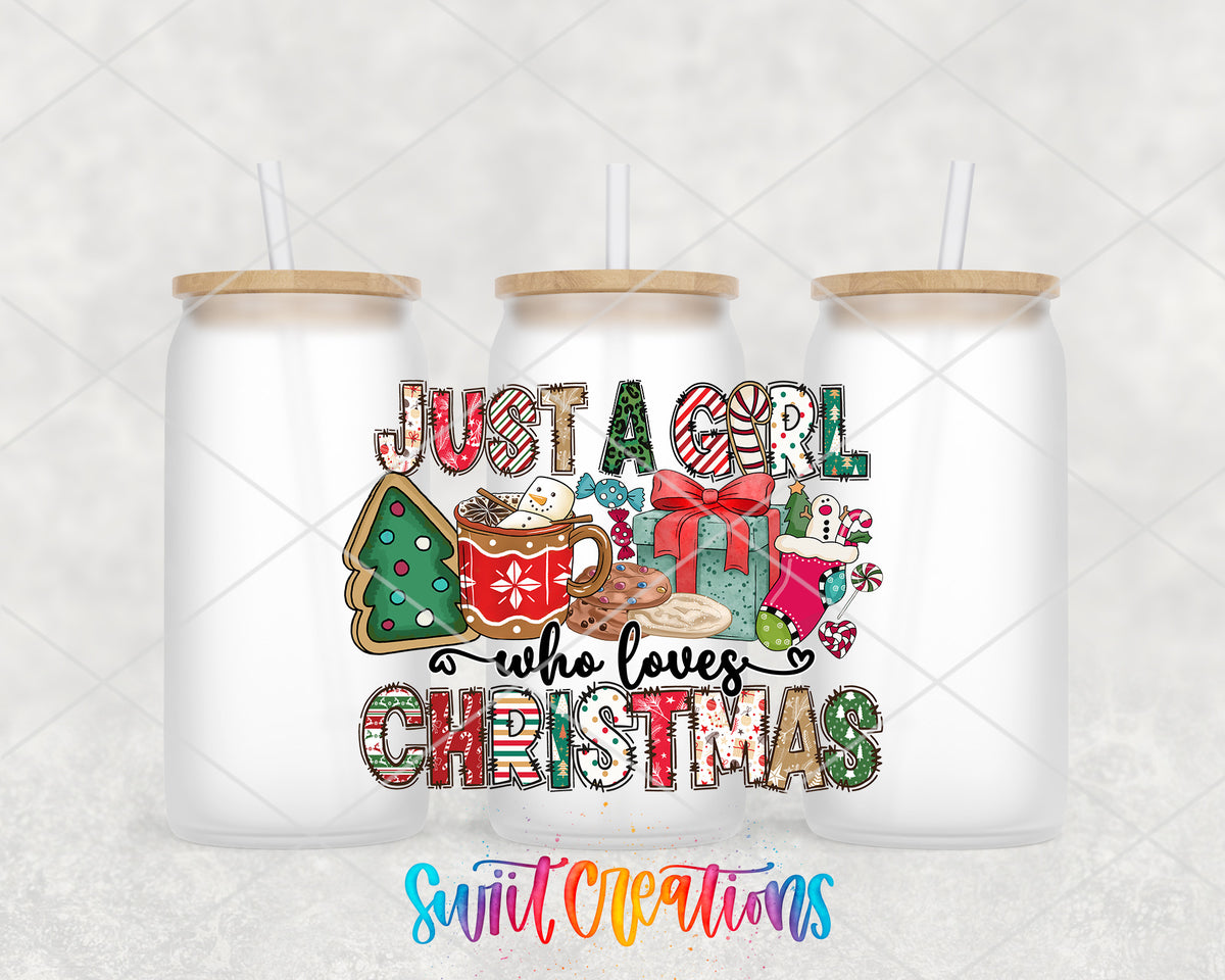 Just a Girl Who Loves Christmas frosted glass tumbler group view with lids and straws