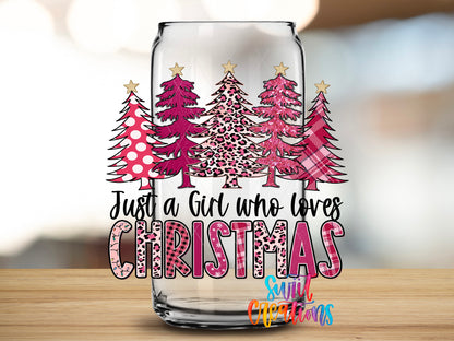 Pink Christmas Girl design close-up on a clear glass can tumbler