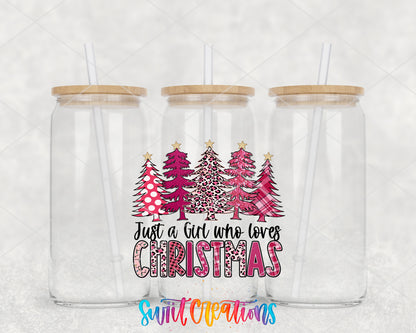 Pink Christmas Girl clear glass tumbler group mockup with bamboo lids and straws