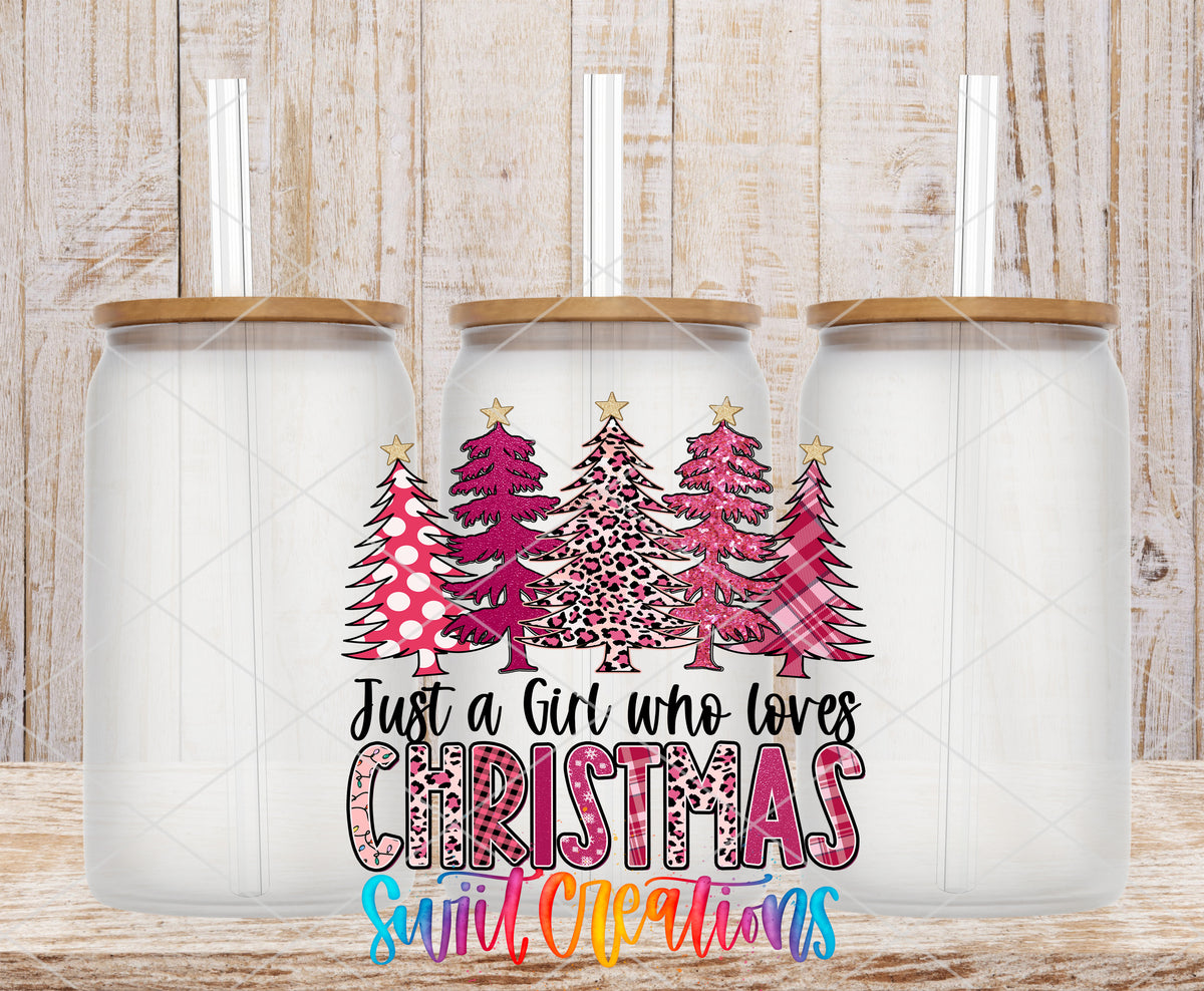 Pink Christmas Girl frosted glass tumbler mockup with bamboo lids and straws