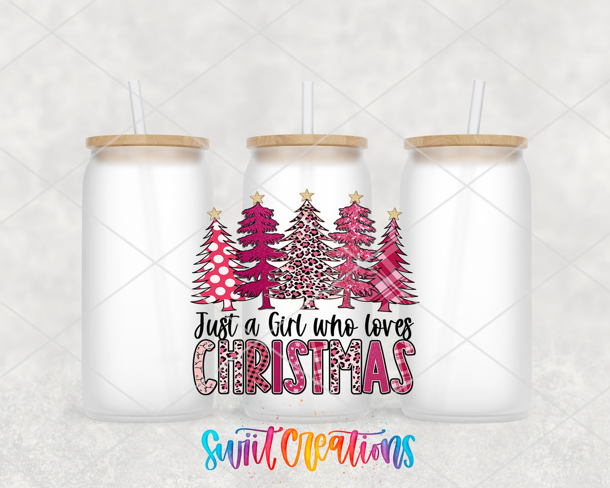 Pink Christmas Girl frosted glass tumbler group view with lids and straws