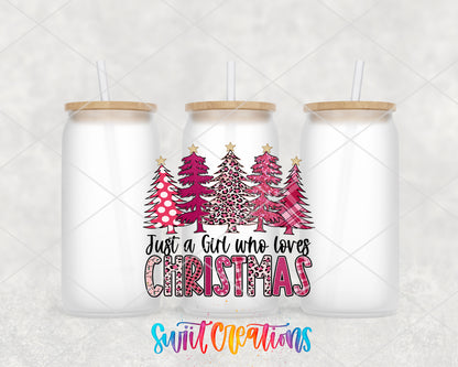 Pink Christmas Girl frosted glass tumbler group view with lids and straws