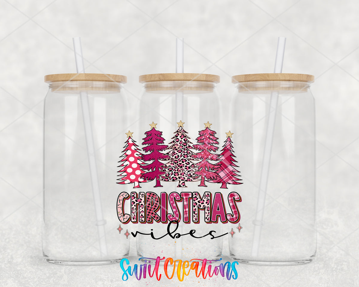 Christmas Vibes clear glass tumbler group mockup with bamboo lids and straws