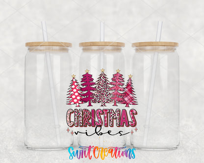 Christmas Vibes clear glass tumbler group mockup with bamboo lids and straws