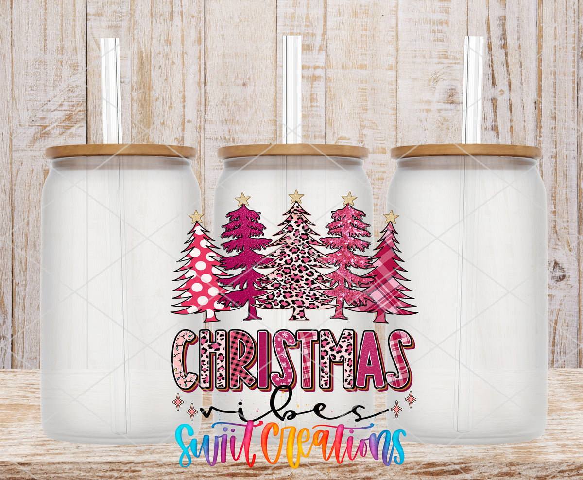 Christmas Vibes frosted glass tumbler mockup with bamboo lids and straws