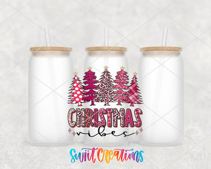 Christmas Vibes frosted glass tumbler group view with lids and straws