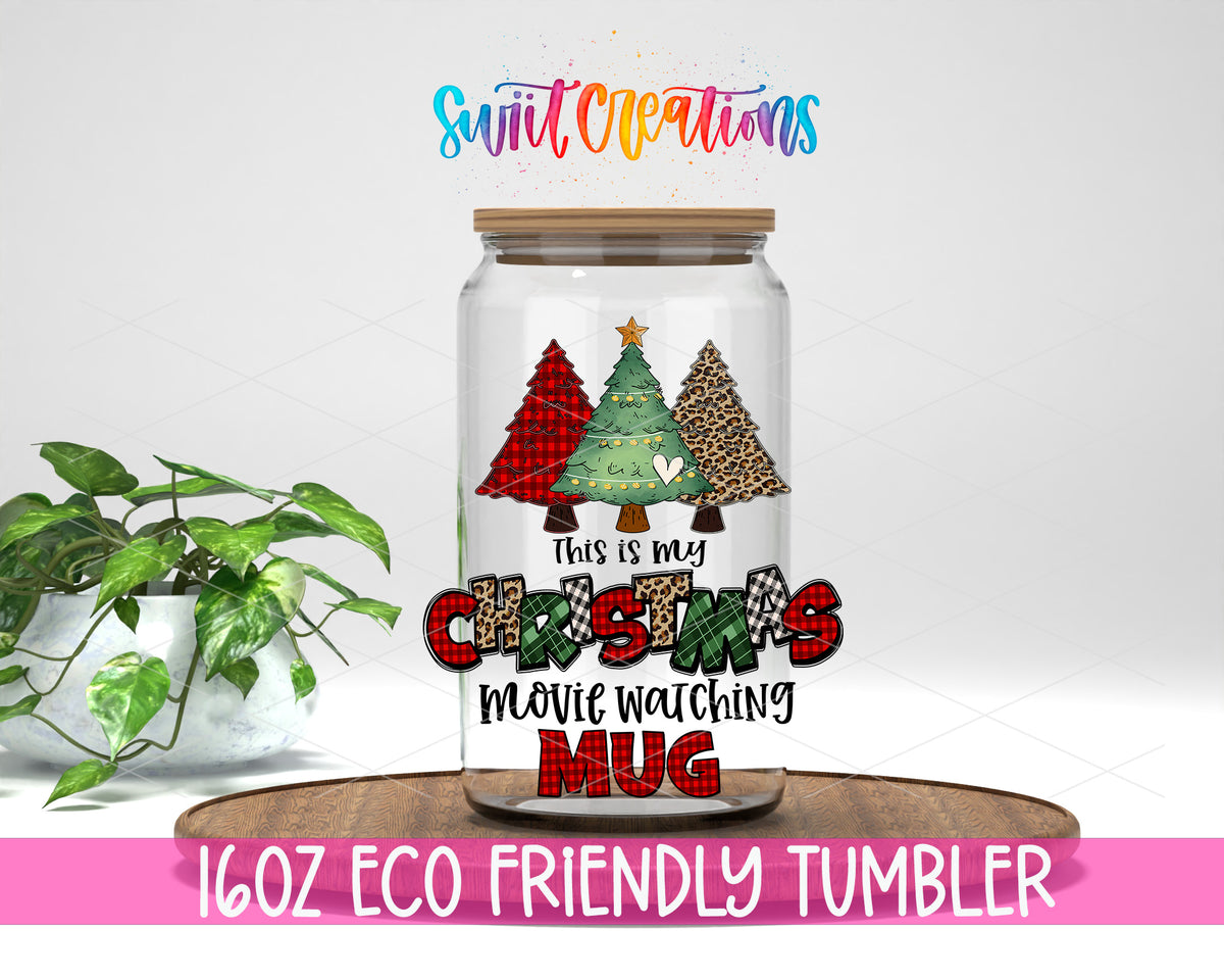 Christmas Movie Watching design on a 16 oz clear glass tumbler with bamboo lid