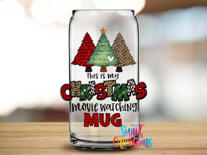 Christmas Movie Watching design close-up on a clear glass can tumbler