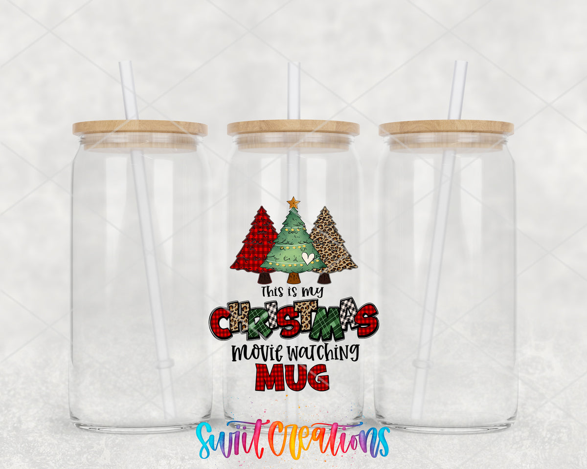 Christmas Movie Watching clear glass tumbler group mockup with bamboo lids and straws