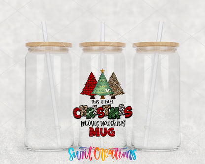 Christmas Movie Watching clear glass tumbler group mockup with bamboo lids and straws