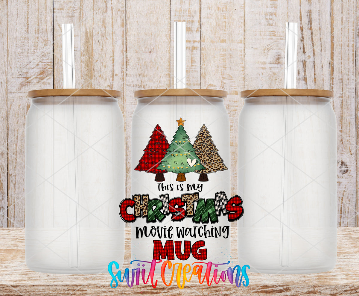 Christmas Movie Watching frosted glass tumbler mockup with bamboo lids and straws