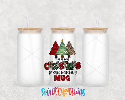 Christmas Movie Watching frosted glass tumbler group view with lids and straws