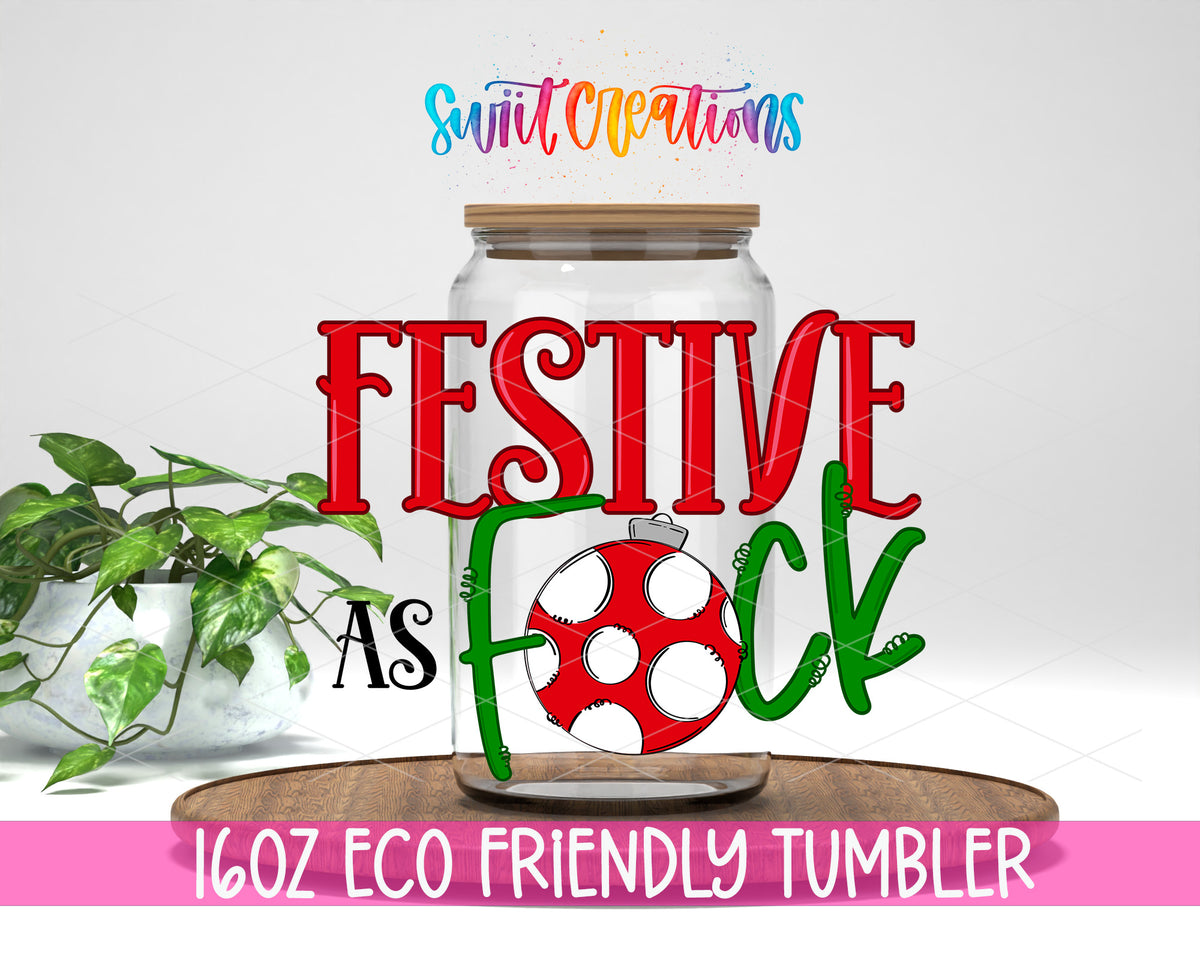 Festive as F design on a 16 oz clear glass tumbler with bamboo lid