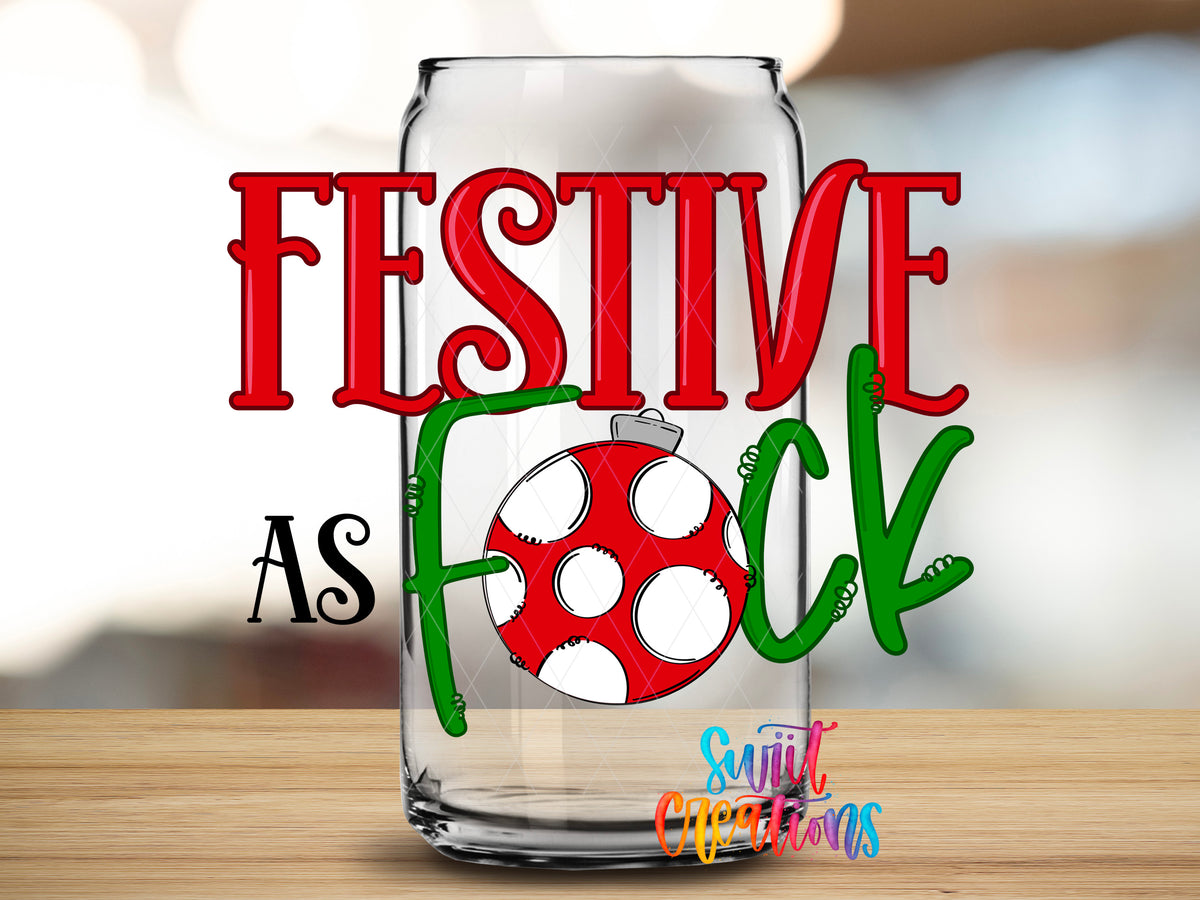 Festive as F design close-up on a clear glass can tumbler