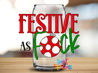 Festive as F design close-up on a clear glass can tumbler