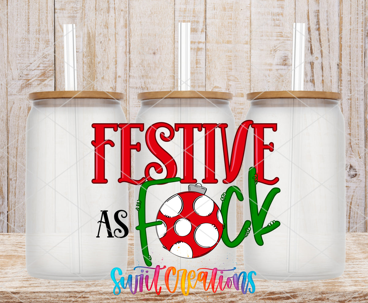 Festive as F frosted glass tumbler mockup with bamboo lids and straws