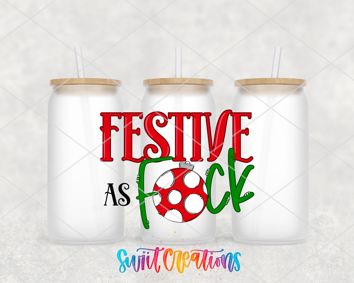 Festive as F frosted glass tumbler group view with lids and straws