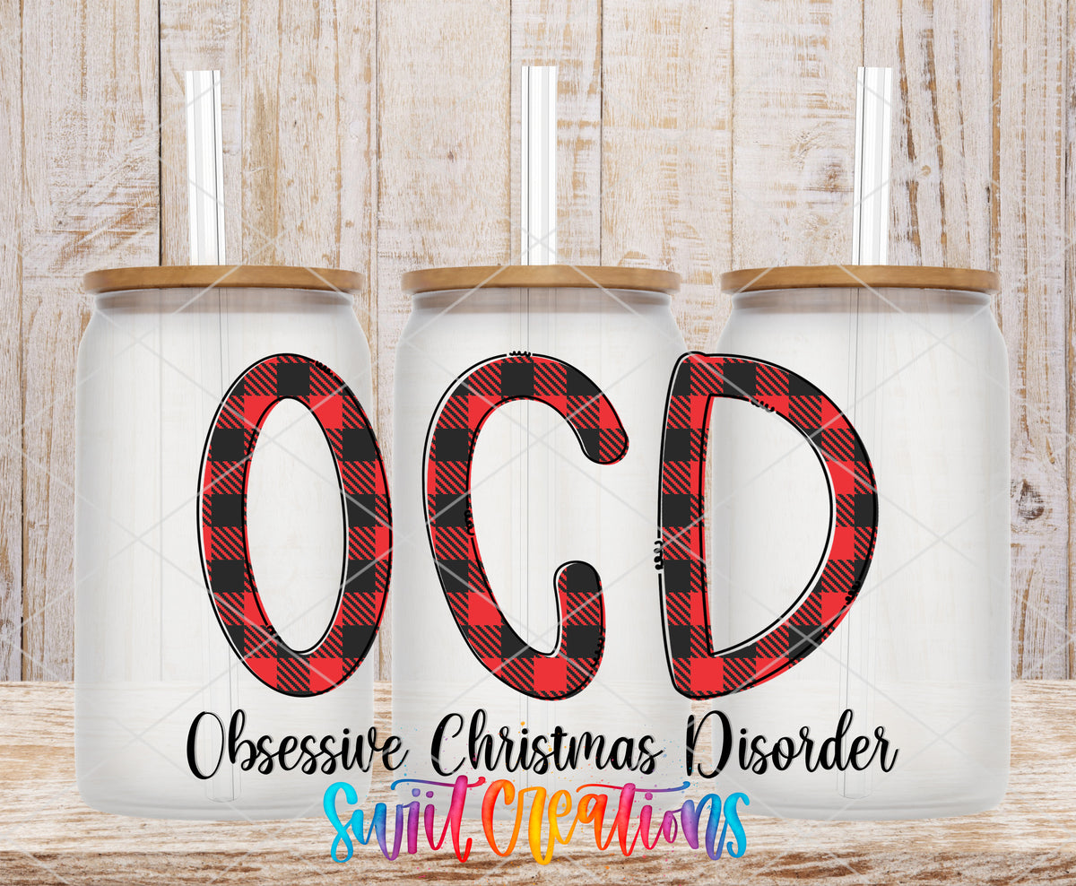 Obsessive Christmas Disorder frosted glass tumbler mockup with bamboo lids and straws