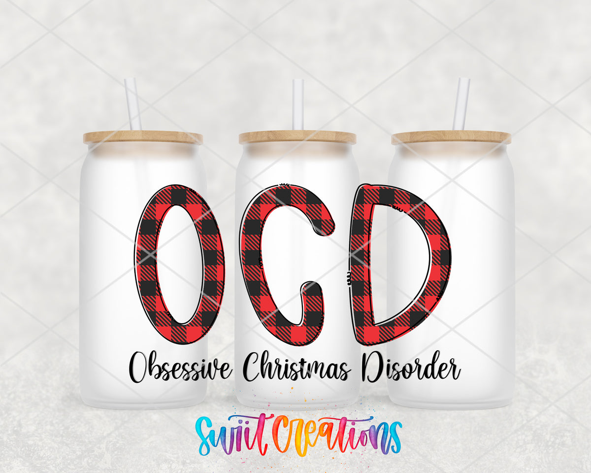 Obsessive Christmas Disorder frosted glass tumbler group view with lids and straws