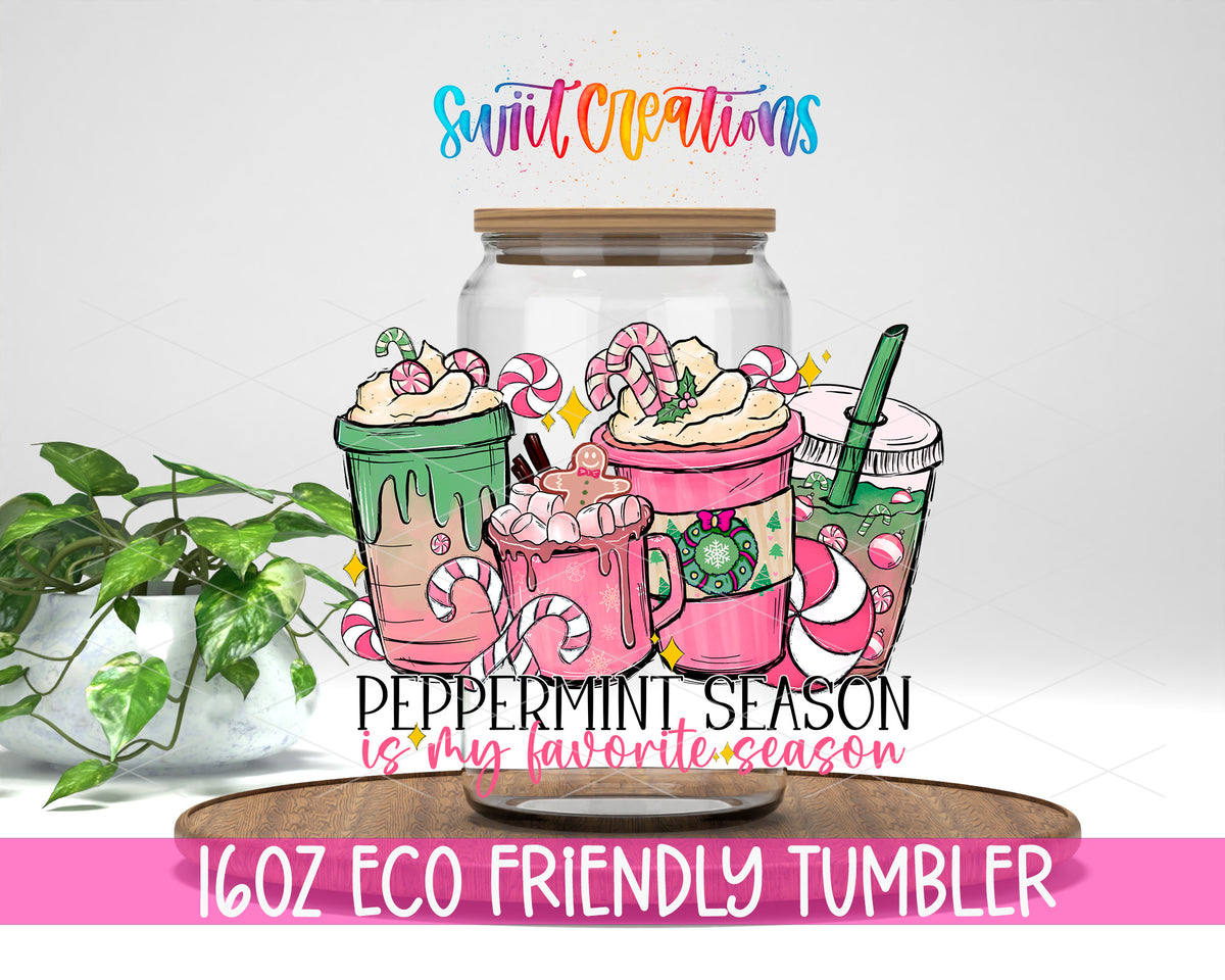 Peppermint Is My Favorite Season design on a 16 oz clear glass tumbler with bamboo lid