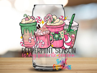 Peppermint Is My Favorite Season design close-up on a clear glass can tumbler