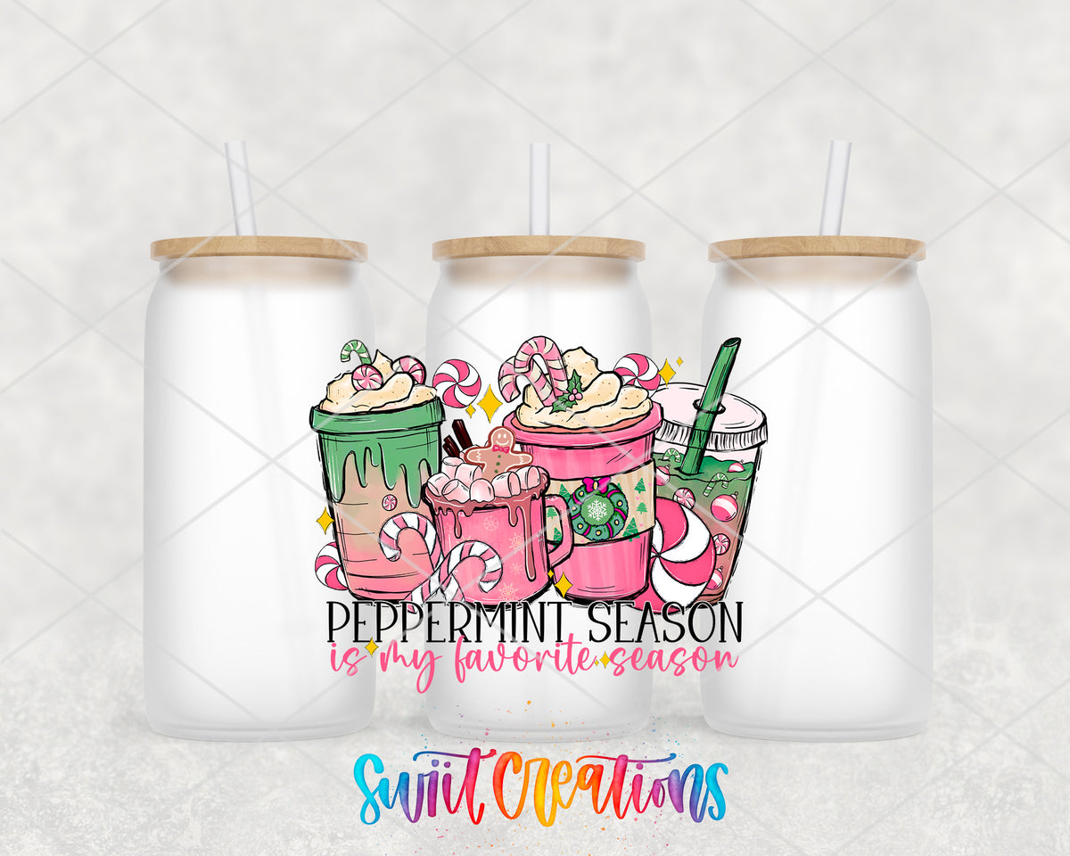 Peppermint Is My Favorite Season frosted glass tumbler group view with lids and straws