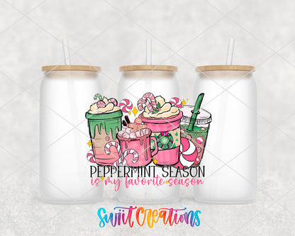 Peppermint Is My Favorite Season frosted glass tumbler group view with lids and straws