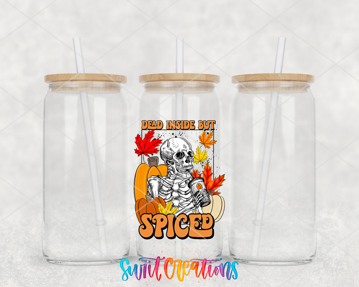 Dead Inside but Spiced clear glass tumbler group mockup with bamboo lids and straws