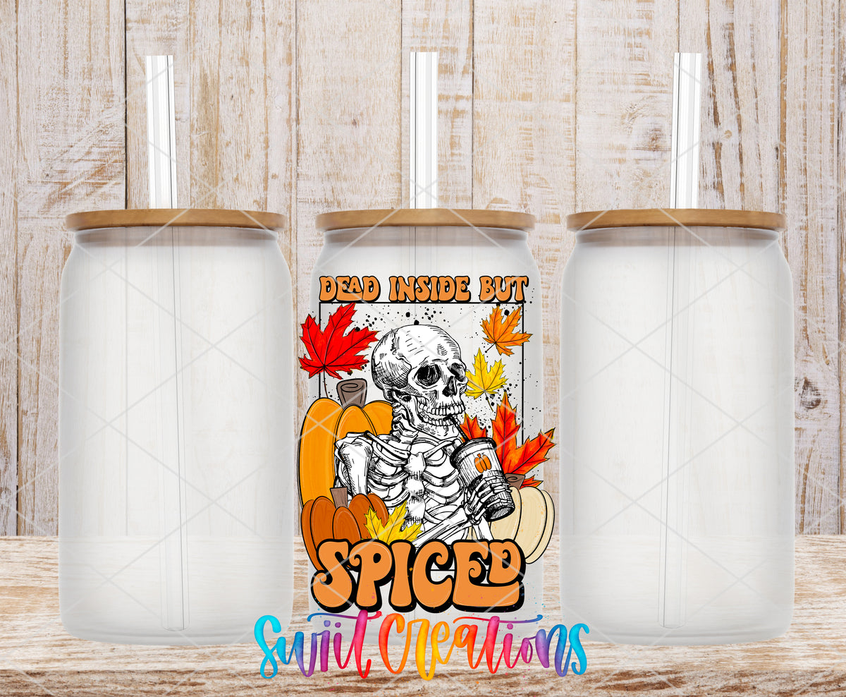 Dead Inside but Spiced frosted glass tumbler mockup with bamboo lids and straws