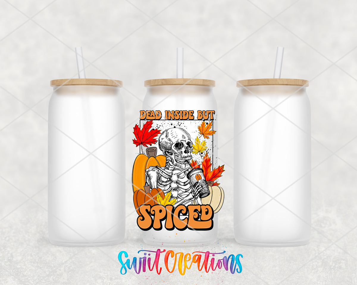 Dead Inside but Spiced frosted glass tumbler group view with lids and straws