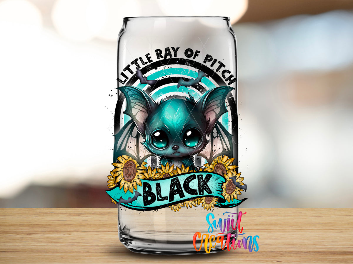Little Ray of Pitch Black design close-up on a clear glass can tumbler