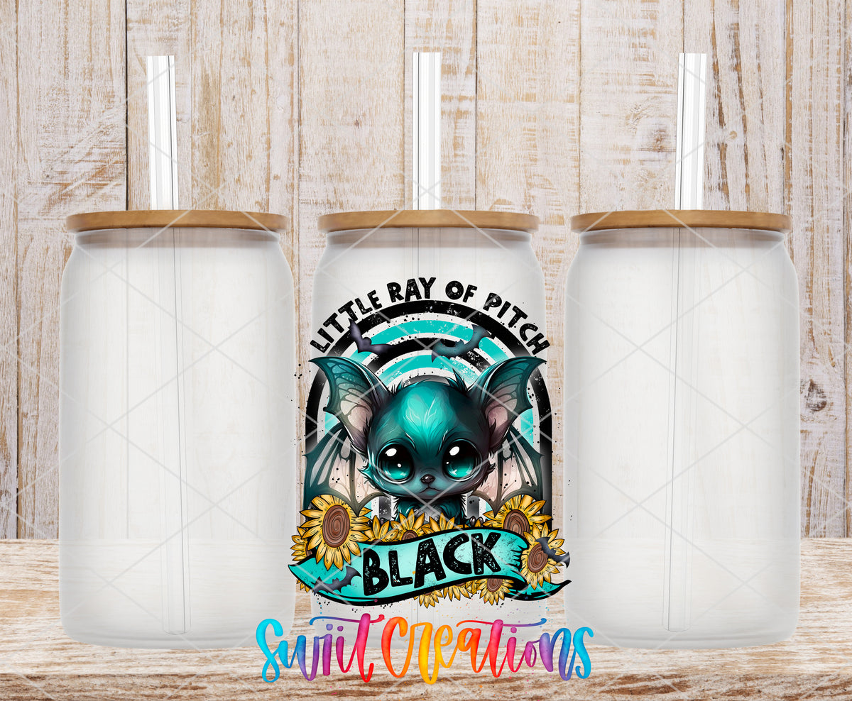 Little Ray of Pitch Black frosted glass tumbler mockup with bamboo lids and straws