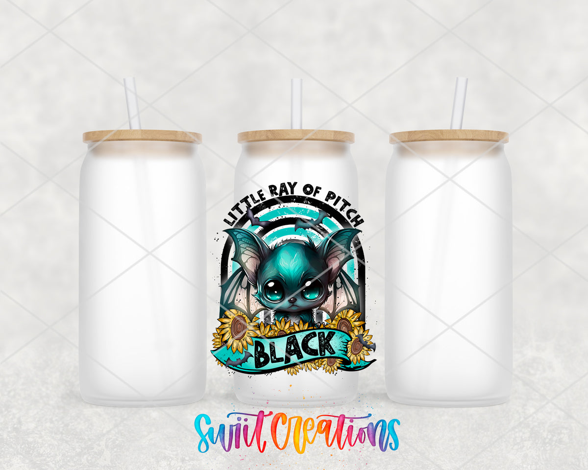 Little Ray of Pitch Black frosted glass tumbler group view with lids and straws