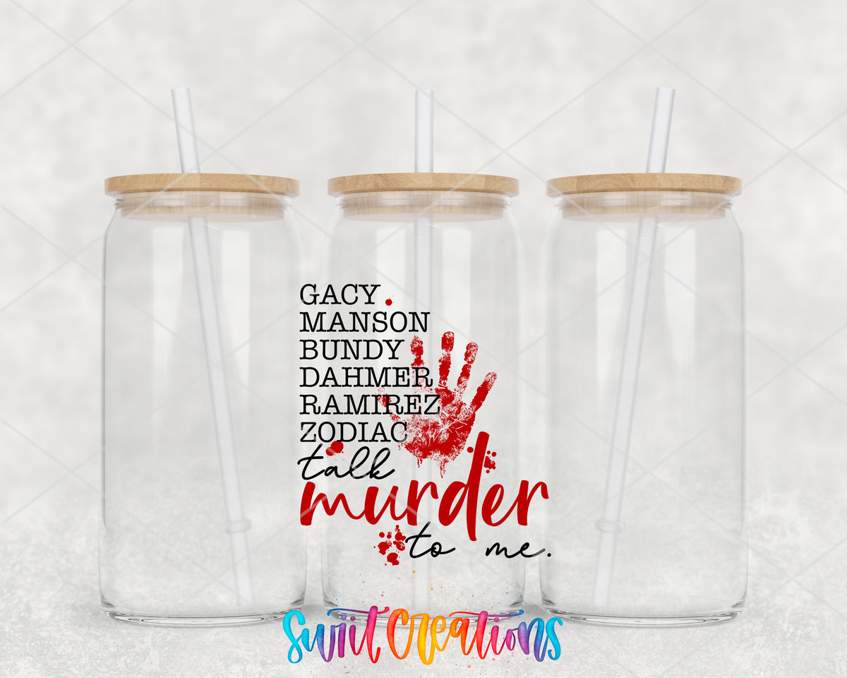 Talk Murder to Me clear glass tumbler group mockup with bamboo lids and straws