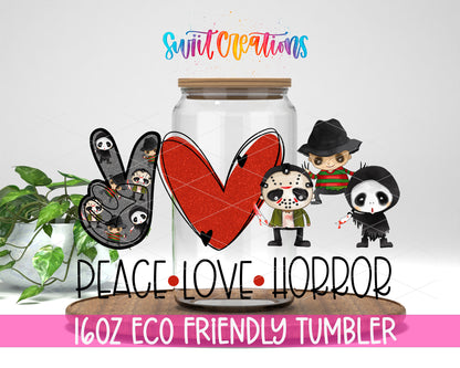 Peace Love Horror design on a 16 oz clear glass tumbler with bamboo lid