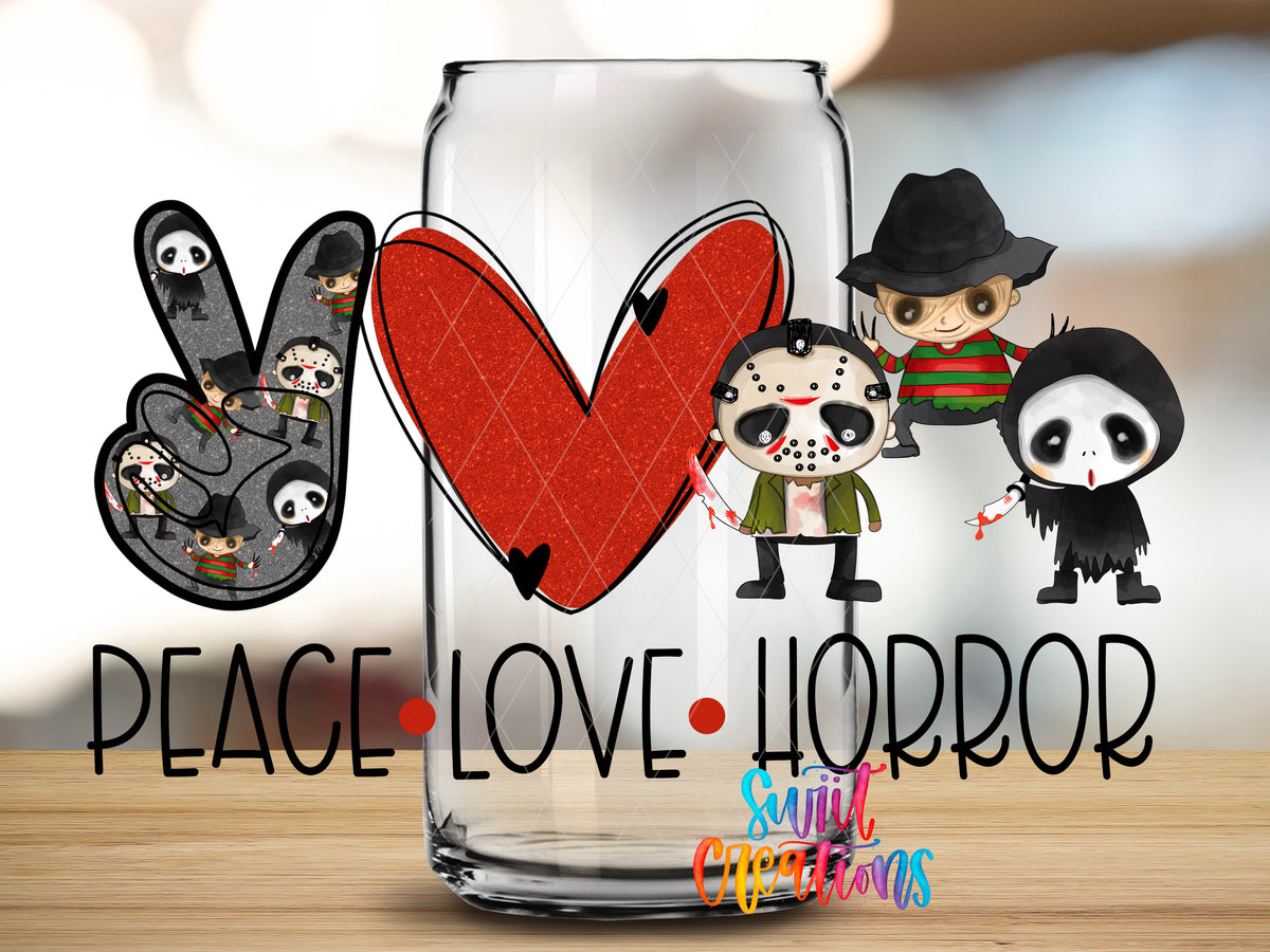Peace Love Horror design close-up on a clear glass can tumbler