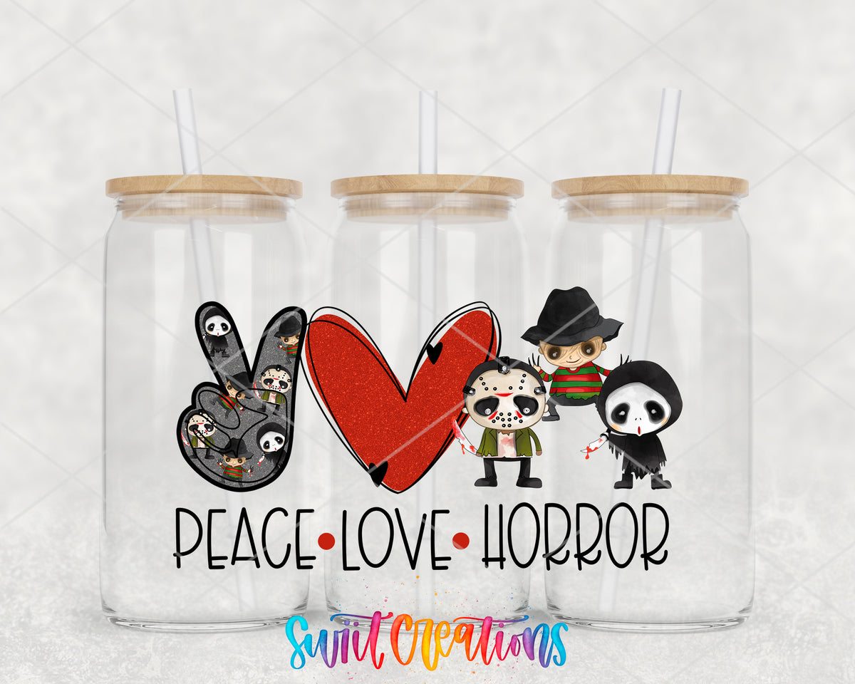 Peace Love Horror clear glass tumbler group mockup with bamboo lids and straws