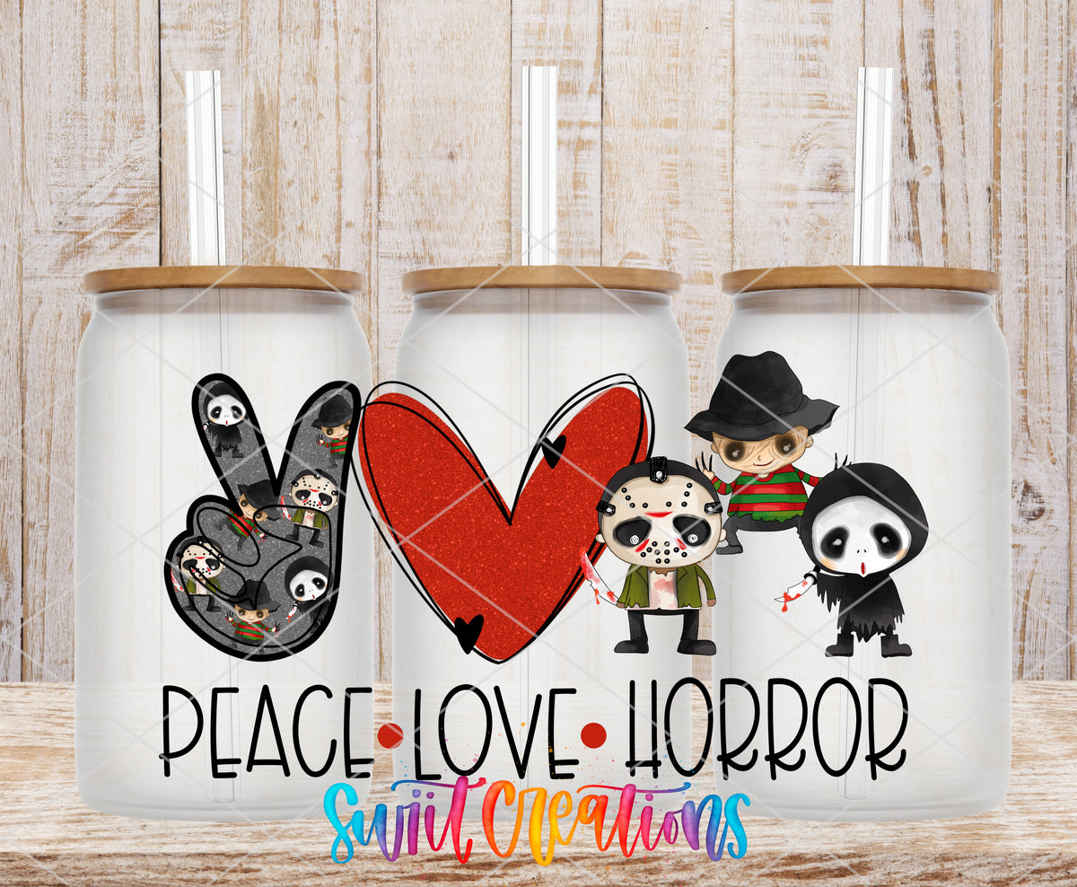 Peace Love Horror frosted glass tumbler mockup with bamboo lids and straws