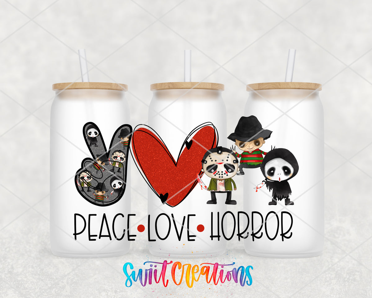 Peace Love Horror frosted glass tumbler group view with lids and straws