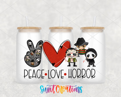 Peace Love Horror frosted glass tumbler group view with lids and straws