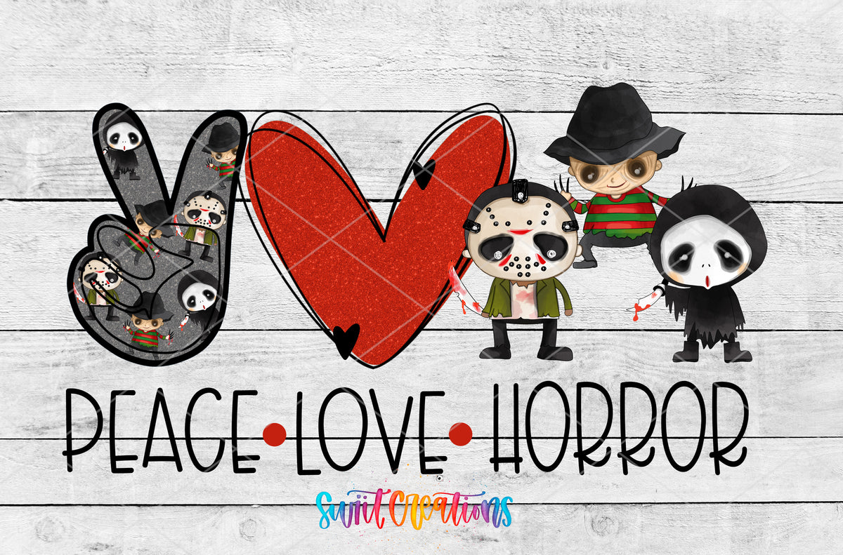 Peace Love Horror artwork detail for the finished 16 oz tumbler