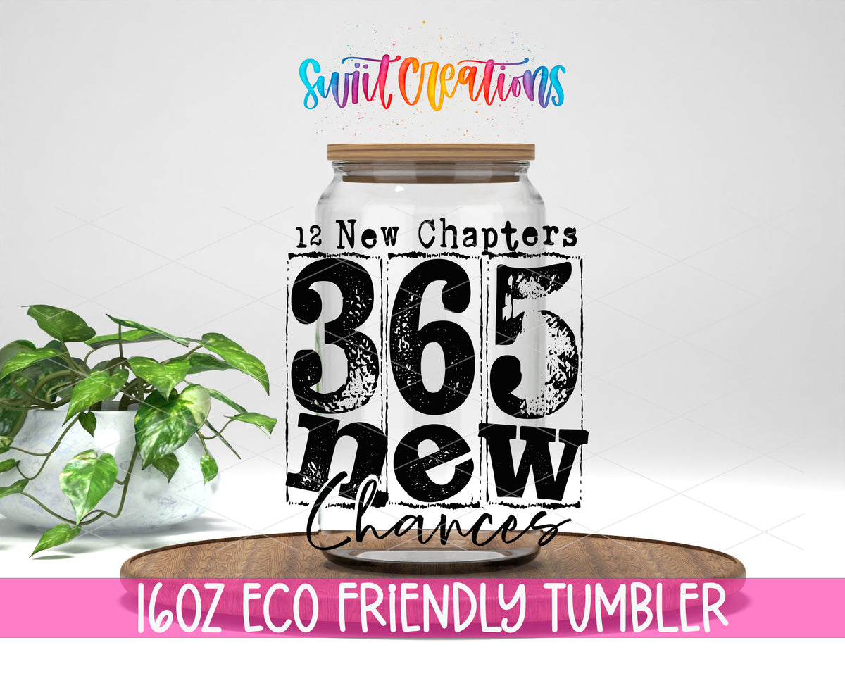 Twelve New Chapters design on a 16 oz clear glass tumbler with bamboo lid