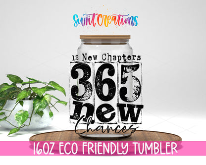 Twelve New Chapters design on a 16 oz clear glass tumbler with bamboo lid