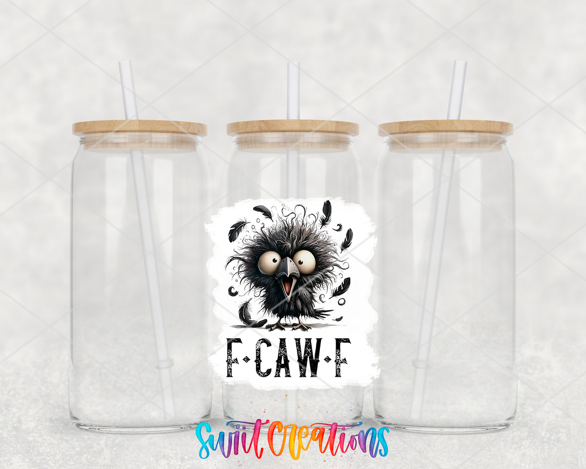 F-Caw-F Crazy Crow clear glass tumbler group mockup with bamboo lids and straws