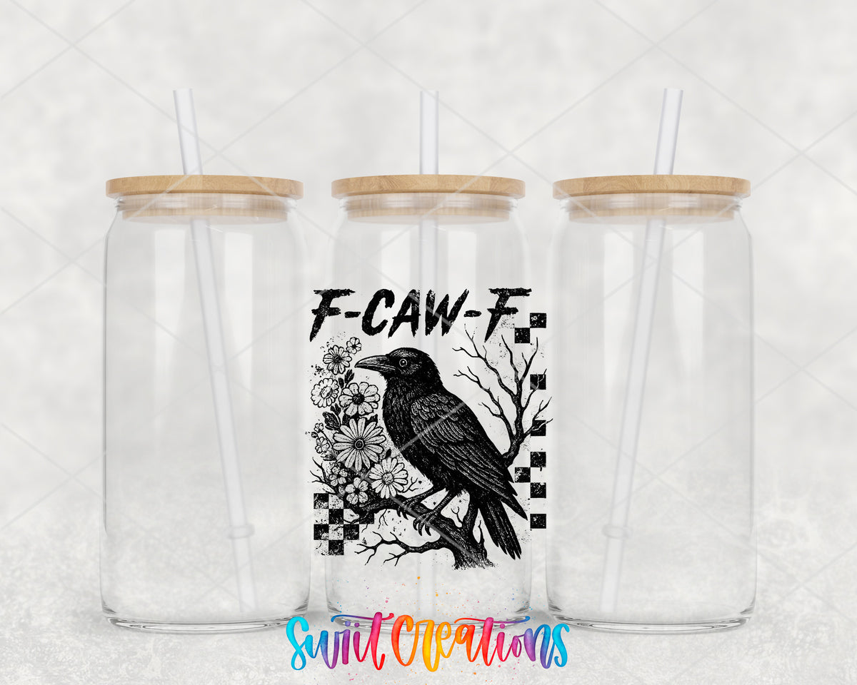 F-Caw-F Gothic Crow clear glass tumbler group mockup with bamboo lids and straws