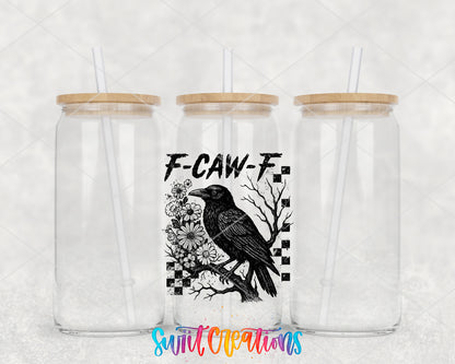 F-Caw-F Gothic Crow clear glass tumbler group mockup with bamboo lids and straws