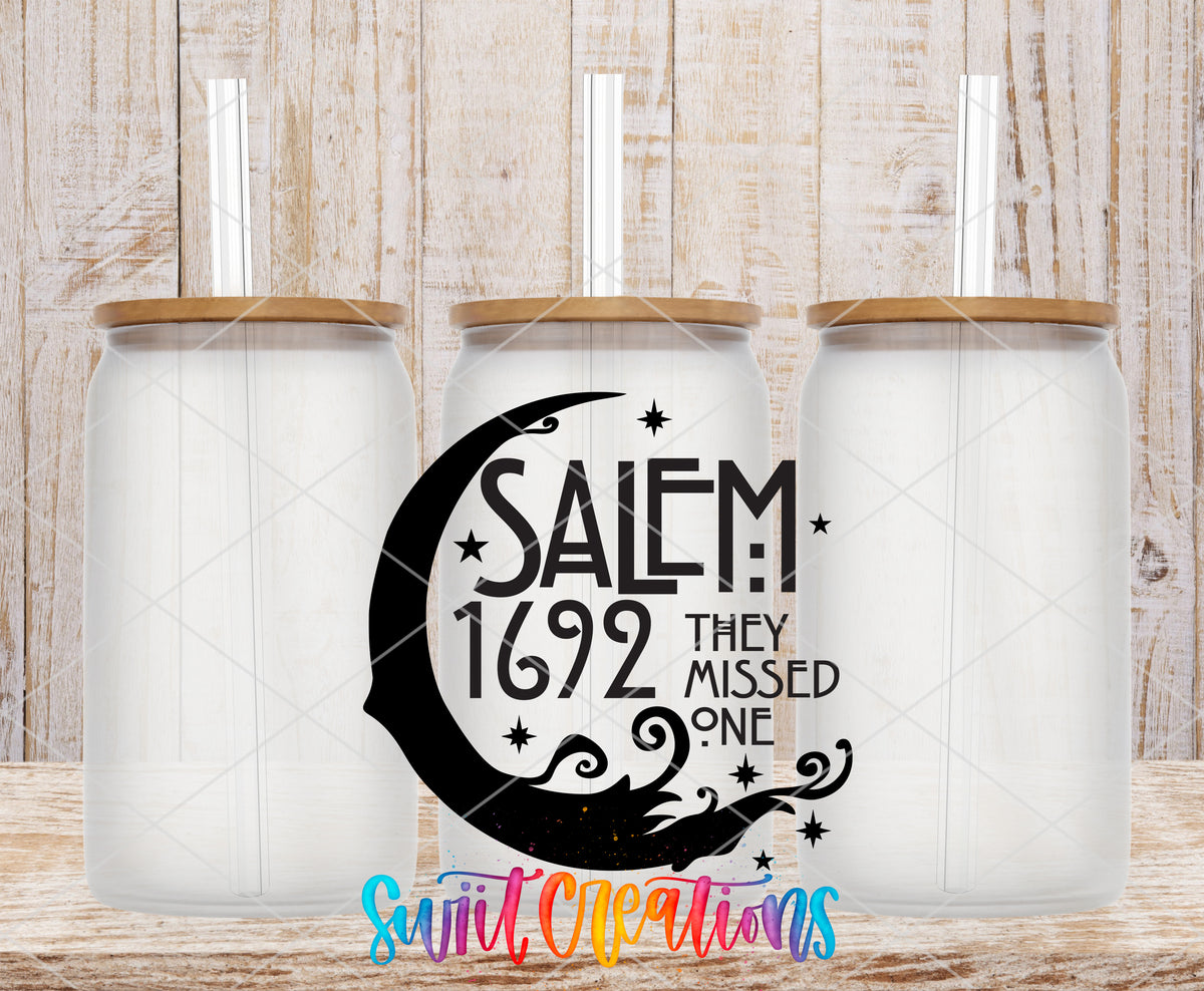 Salem Missed One frosted glass tumbler mockup with bamboo lids and straws