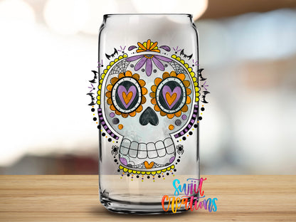 Halloween Sugar Skull design close-up on a clear glass can tumbler